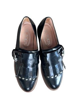 Tod's Black Leather Fringe Buckle Loafers